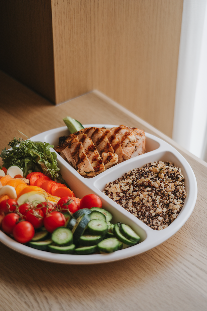 A specialty plate with subtle compartment lines, filled appropriately with veggies, protein, and grains in an indoor setting. No visible text or branding.
