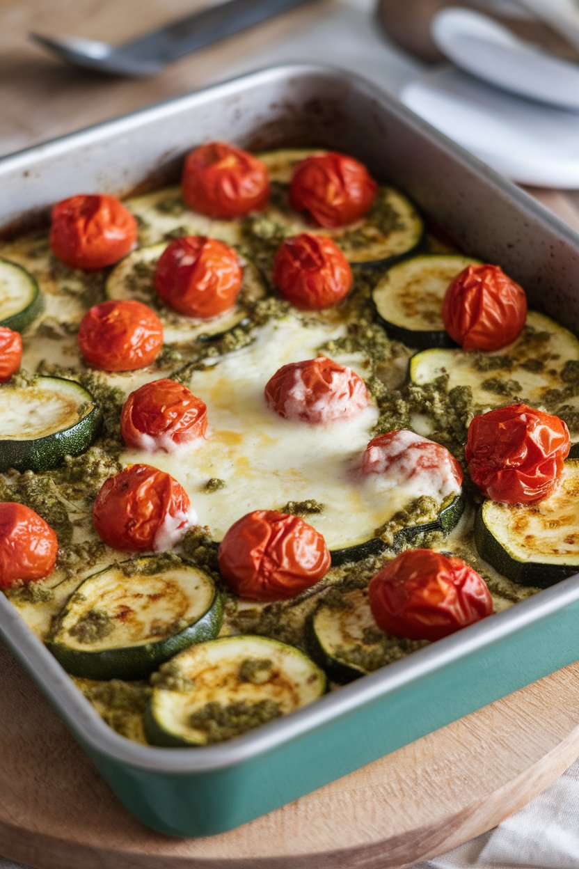 An indoor baking dish filled with roasted zucchini rounds and blistered cherry tomatoes coated in green pesto, light cheese bubbling on top. No logos or text.