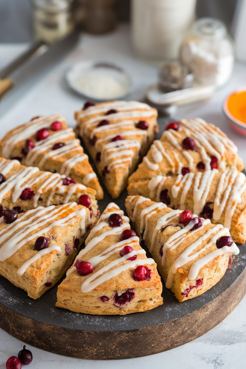Indoor photo of triangular scones studded with cranberries, orange glaze drizzle, arranged in a circle on baking stone, no text or logos