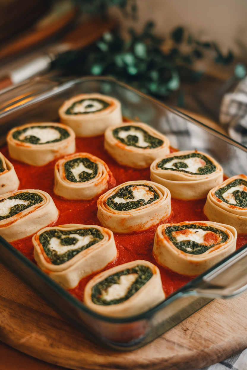 A baking dish indoors with individual lasagna noodle rolls stuffed with spinach ricotta, marinara spooned on top. No text or logos. Photo.
