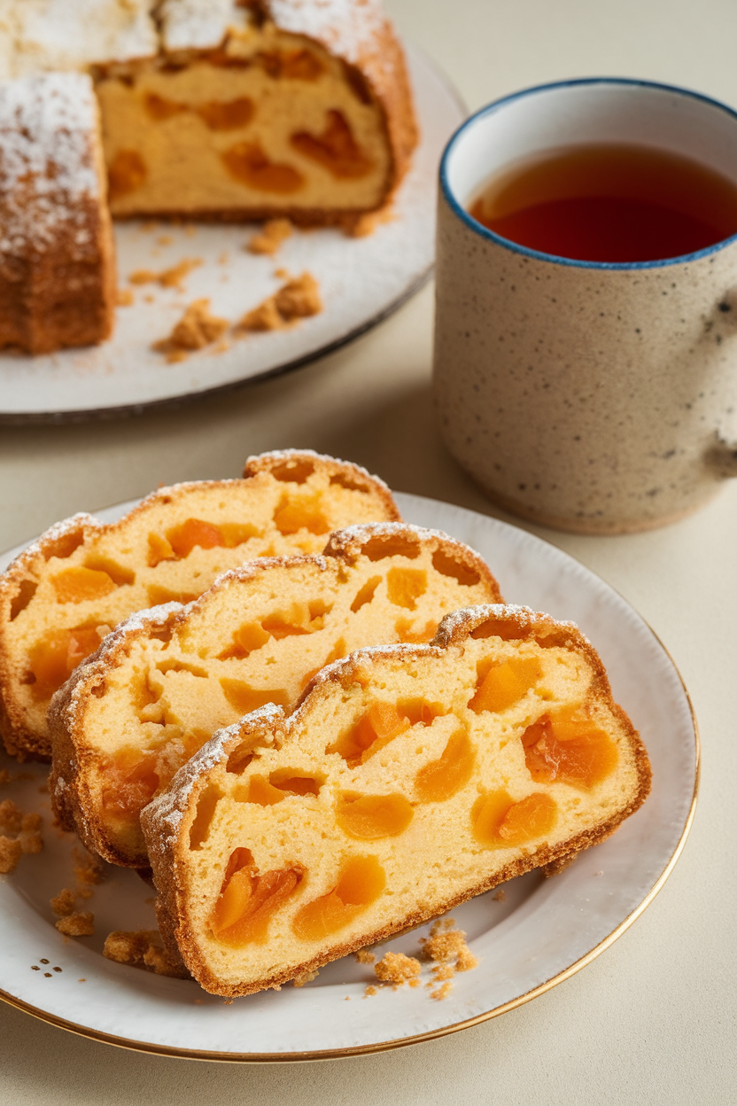 Slices of mandelbrot on an indoor plate, golden crumbs and apricot bits visible, mug of tea nearby. No logos or text.
