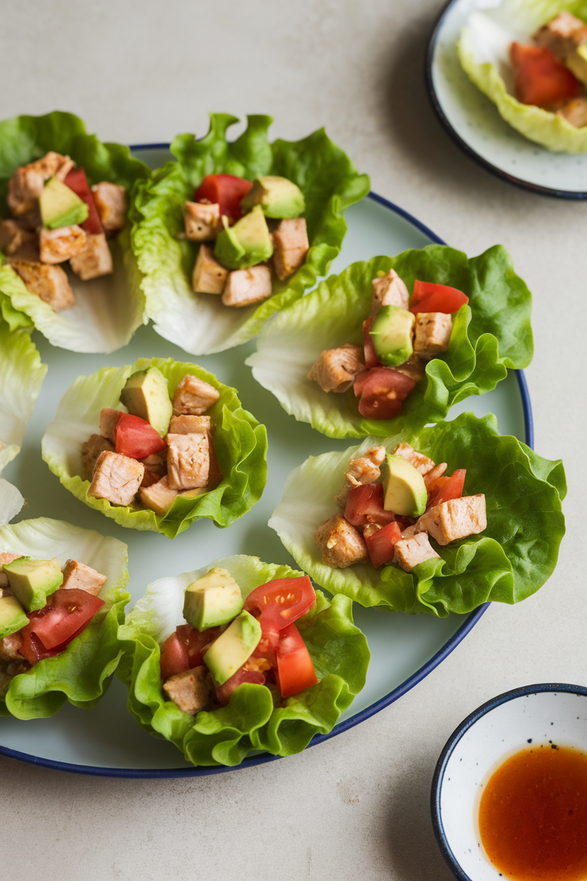 Indoor plate holding crisp lettuce cups filled with diced chicken, avocado, and tomato, shot close up. No text or logos.