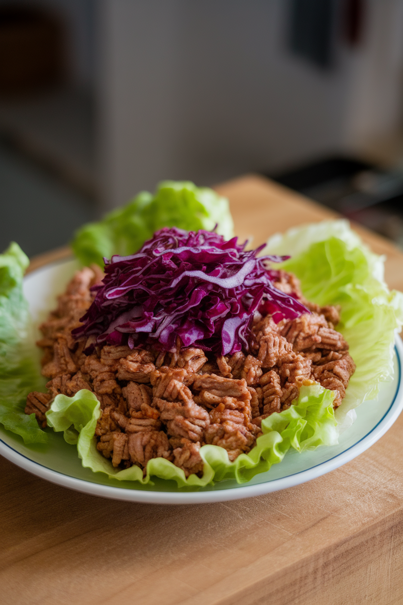 Indoor photo of butter lettuce leaves filled with ground turkey glazed in sriracha honey sauce, shredded purple cabbage on top, no text or logos.