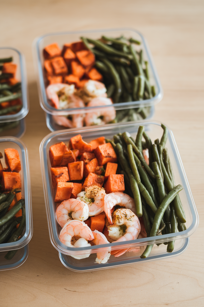 Indoor meal-prep containers photo with roasted sweet potato cubes, garlicky cooked shrimp, and steamed green beans; even overhead lighting, no text or logos.