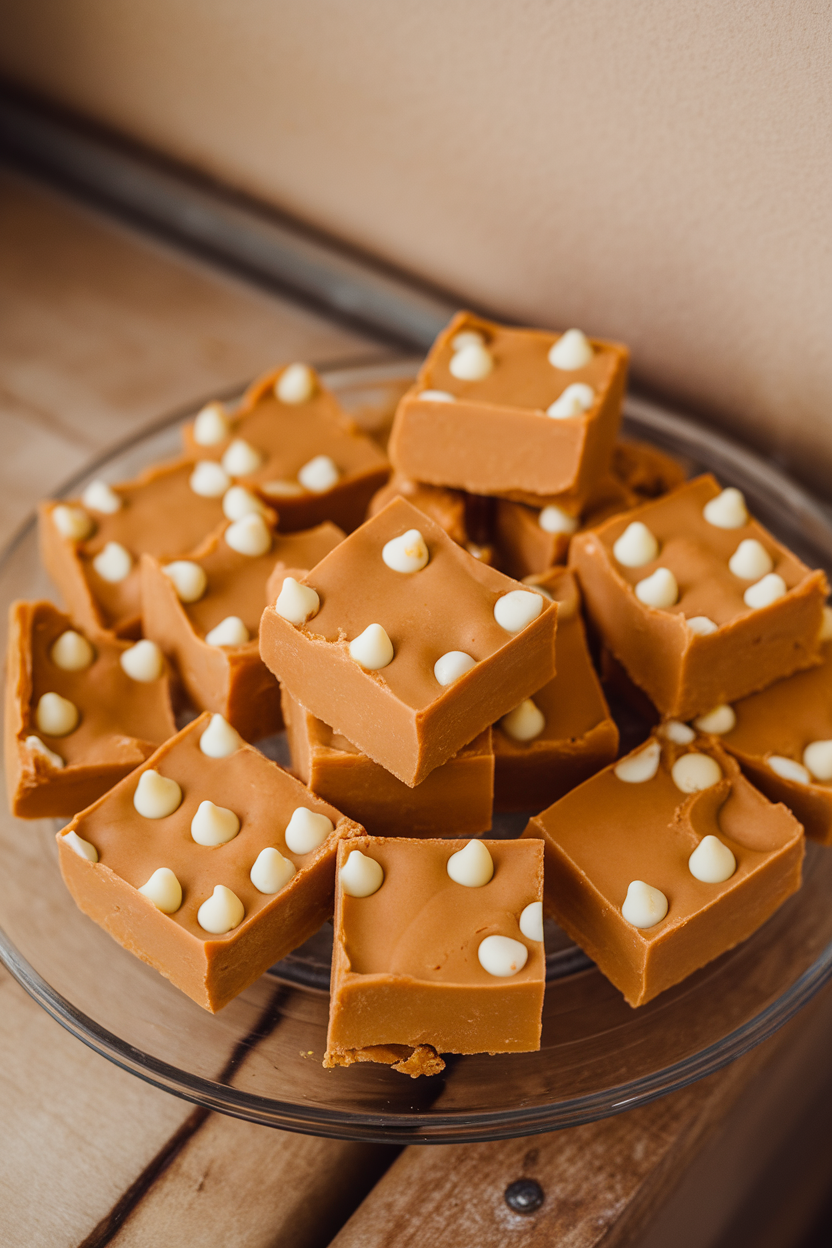 An indoor candy board with square pieces of pale orange pumpkin fudge dotted with white chocolate chips, clean lines showing a smooth texture. Photo, no text or logos.