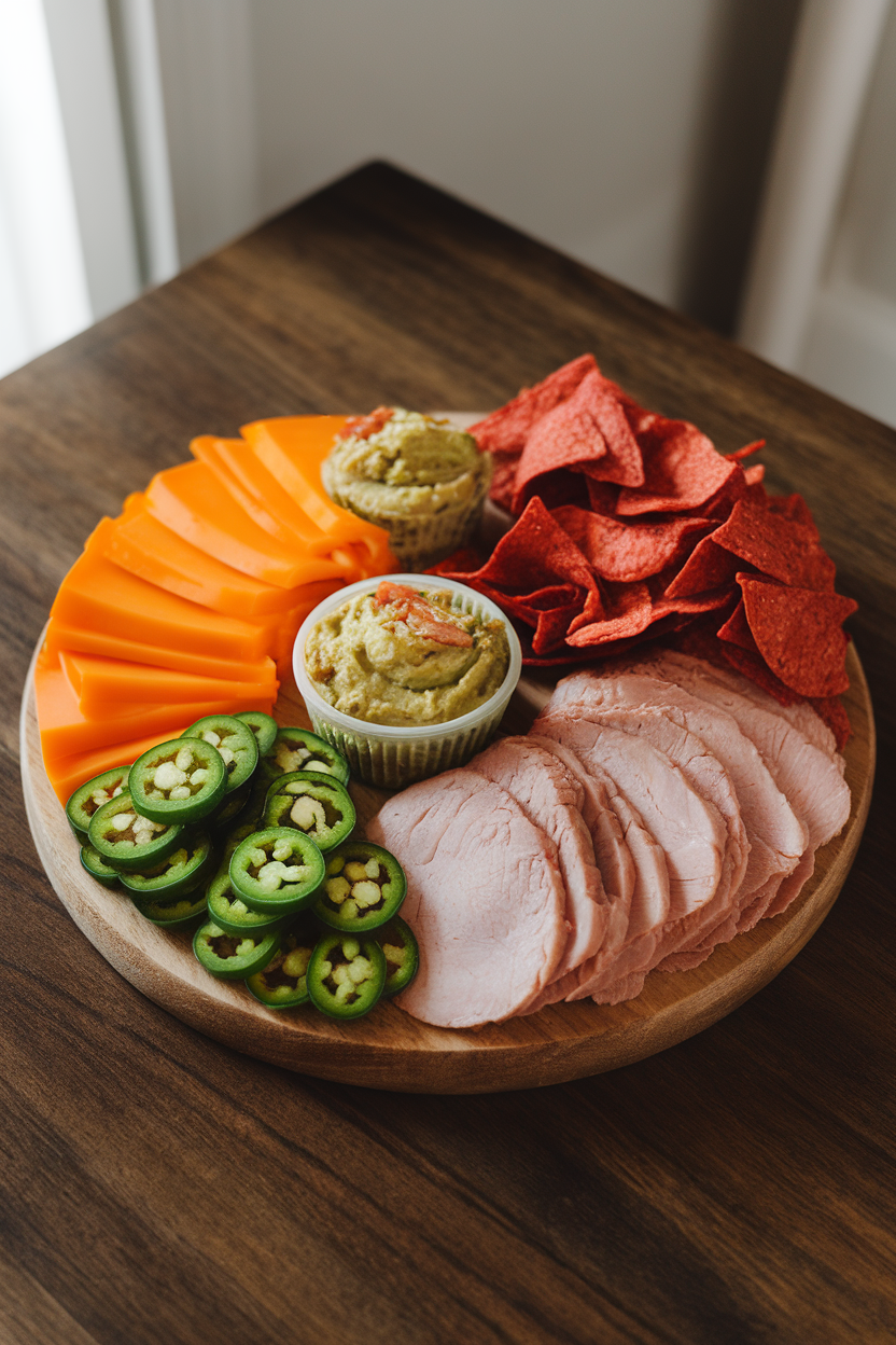 Indoor tabletop with a wooden board featuring sliced jalapeño cheddar, chipotle turkey, guacamole cups, and red tortilla chips; no text or logos