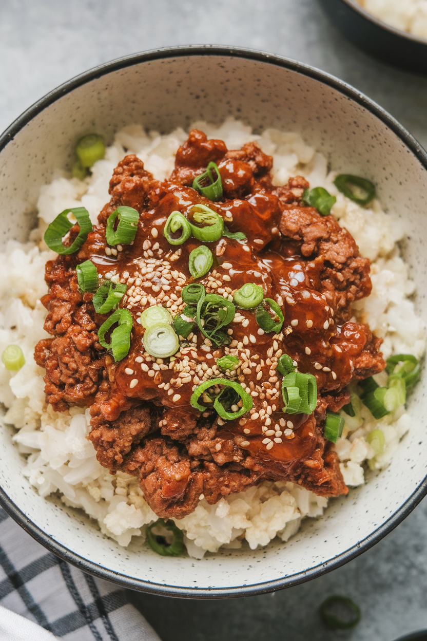 A shallow indoor bowl of cauliflower rice topped with cooked ground beef in a glossy gochujang glaze, scattered with sesame seeds and sliced scallions—no text or logos.