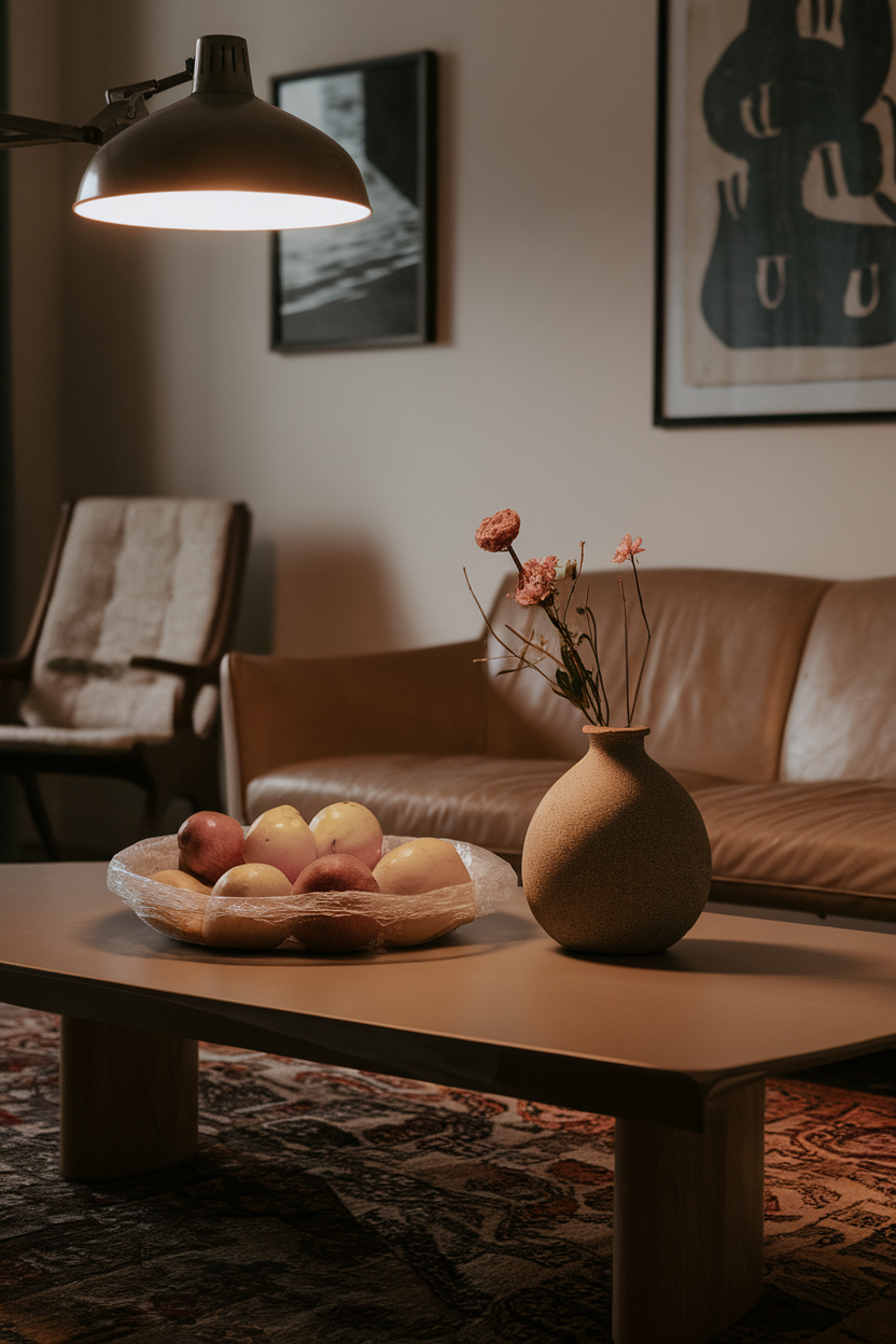 An indoor living-room coffee table with a covered bowl of fruit pushed aside under warm lamp light, showing restraint, no brand names.