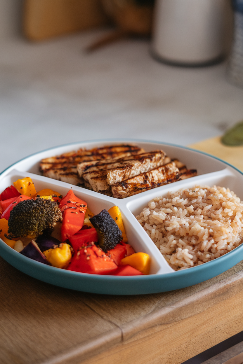 Indoor shot of a portion-controlled plate: half roasted veggies, quarter grilled lean protein, quarter brown rice, no text or logos. Photo.