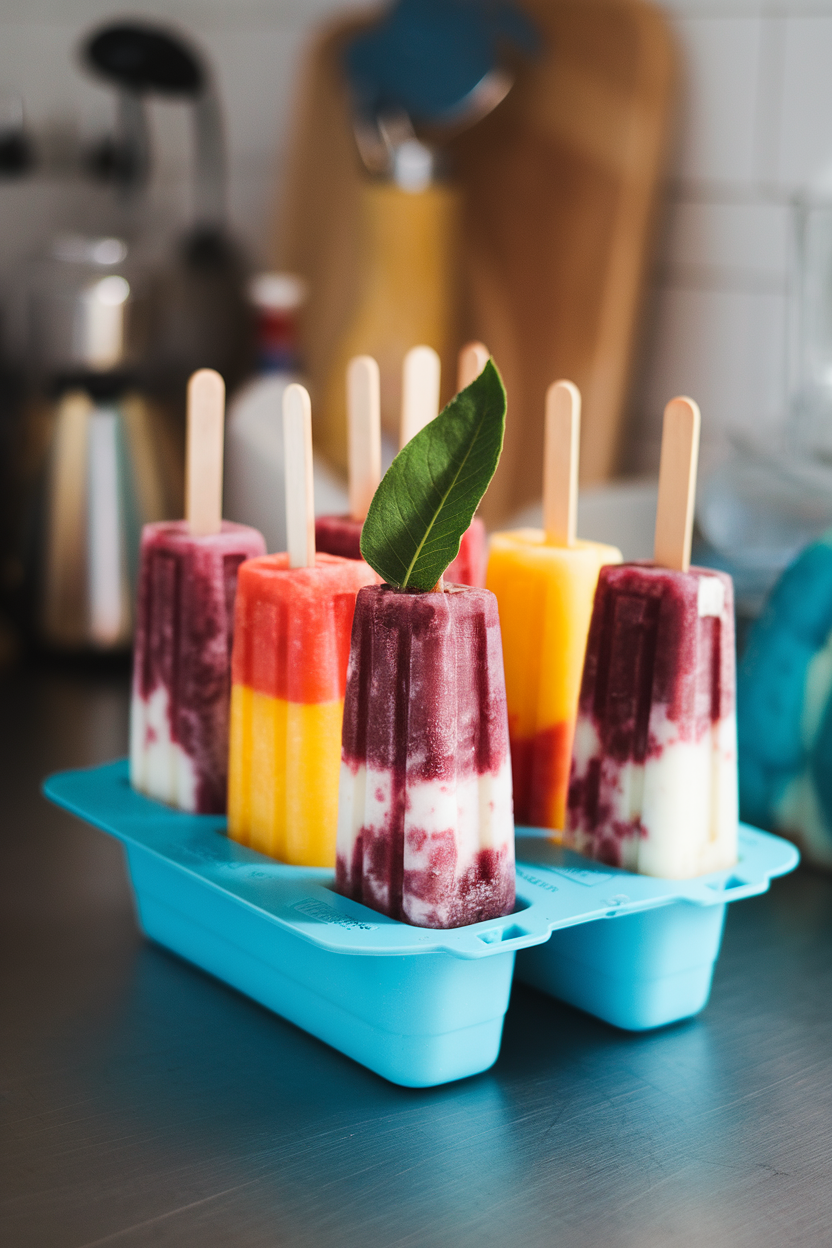 Indoor photo of colorful homemade fruit popsicles standing upright in a silicone mold on a kitchen counter, no text or logos