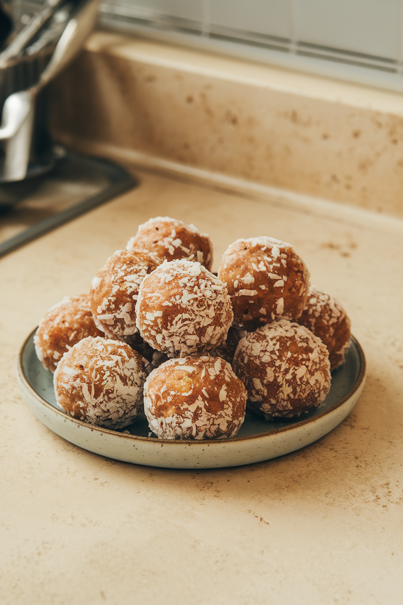 A plate on an indoor countertop with round cinnamon apple energy balls rolled in fine coconut. No text or logos.