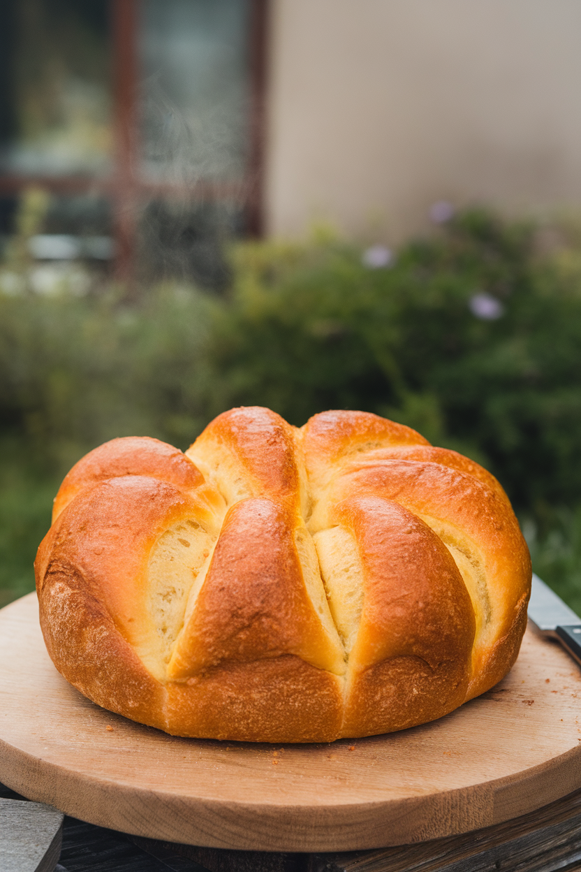 An indoor dining table view of a round loaf with cheesy, buttery segments slightly separated, steam visible. No text or logos. Photo only.