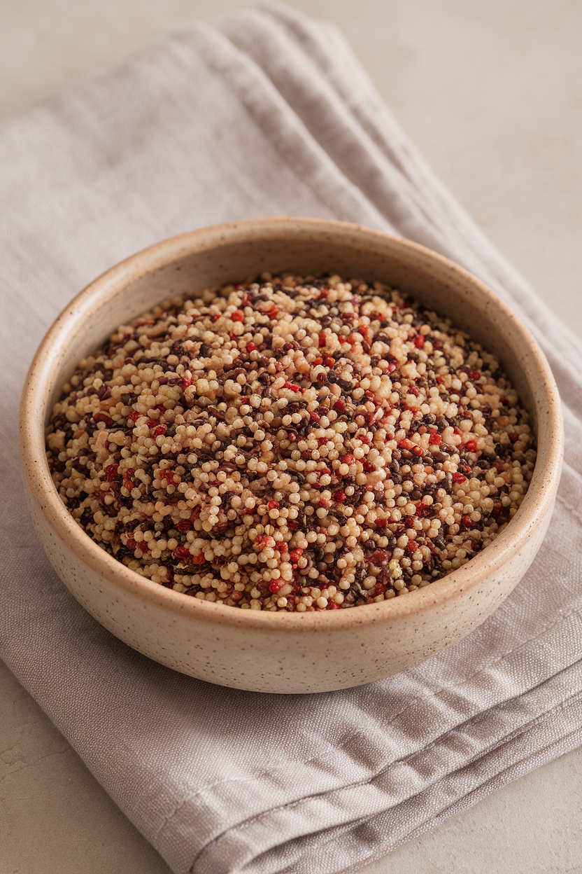 A ceramic bowl of uncooked tri-color quinoa photographed indoors on a neutral linen napkin, grains clearly visible, no text or logos, photo.