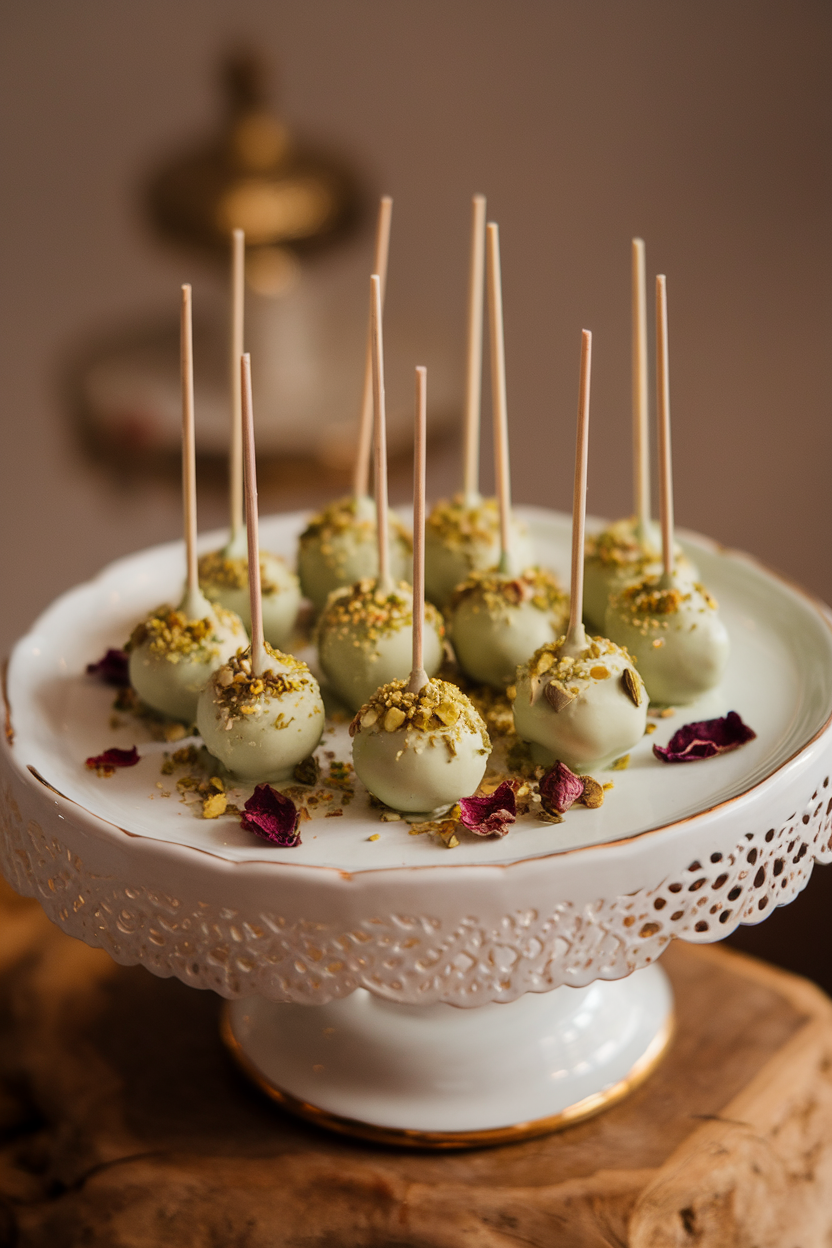 Photo, not illustration. Soft indoor lighting. Pale green cake pops sprinkled with crushed pistachios and a few dried rose petals, displayed on a porcelain platter. No text or logos visible.