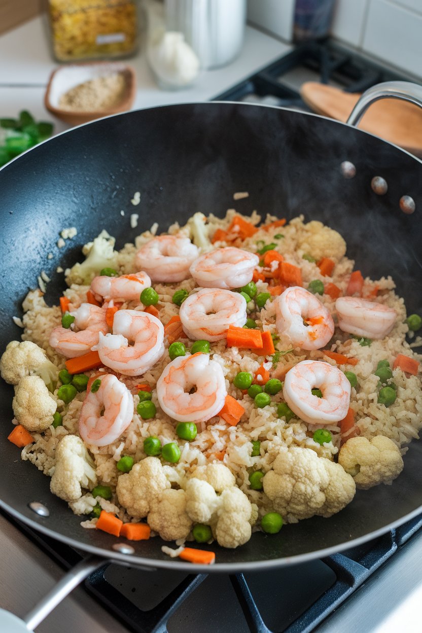 A wok on an indoor stovetop holding cauliflower “rice” stir-fried with cooked shrimp, peas, and diced carrots. No text or logos.