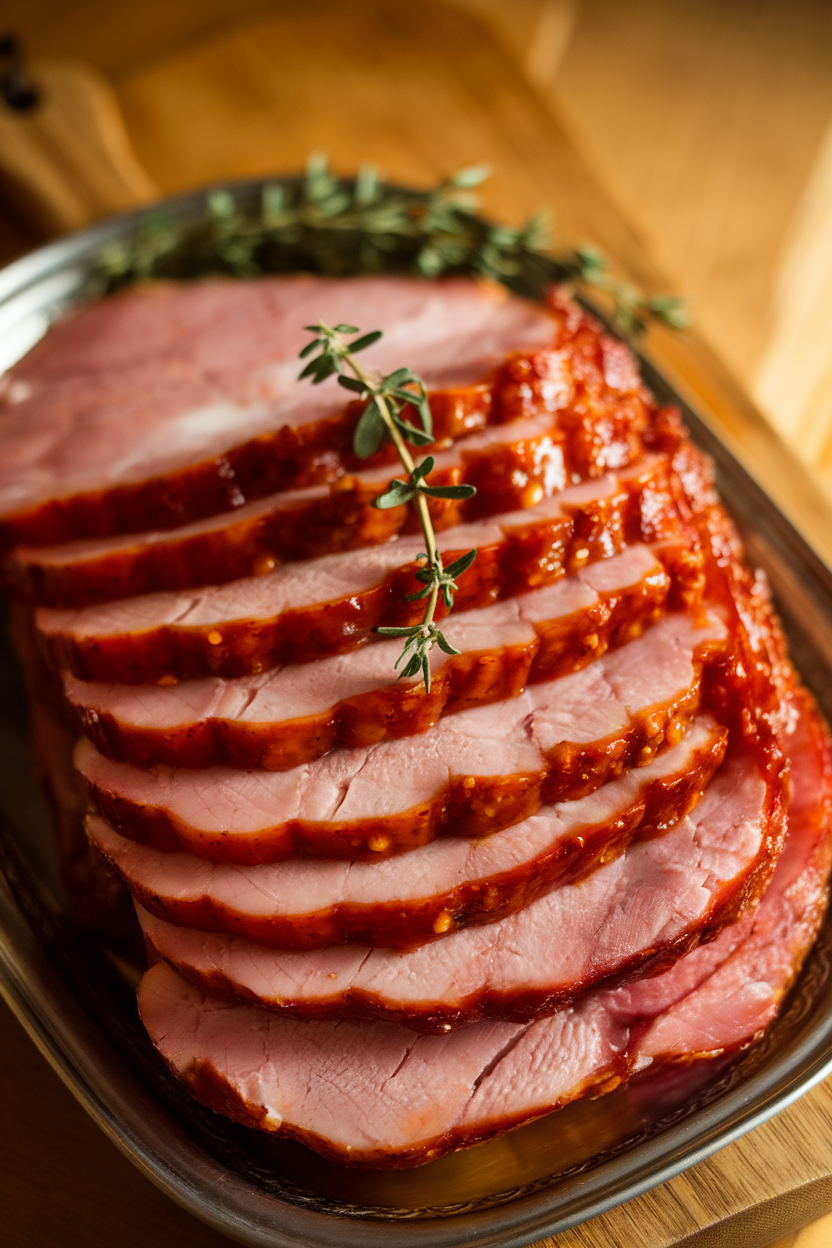 Indoor photo of thick ham slices glazed with maple-Dijon sauce arranged on a platter, a sprig of thyme for garnish. No text or logos.