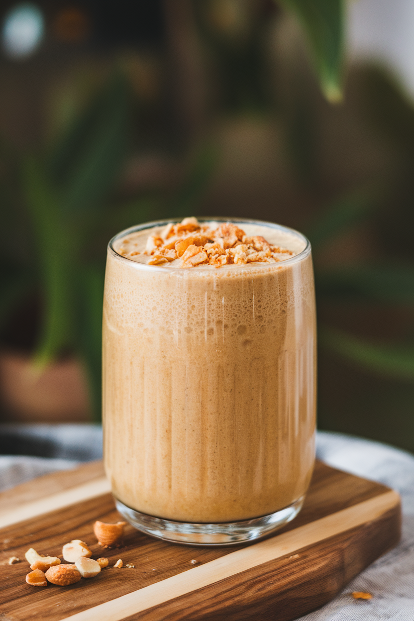 Indoor photo of a frothy peanut butter smoothie in a clear glass with crushed peanuts on top, no text or logos.