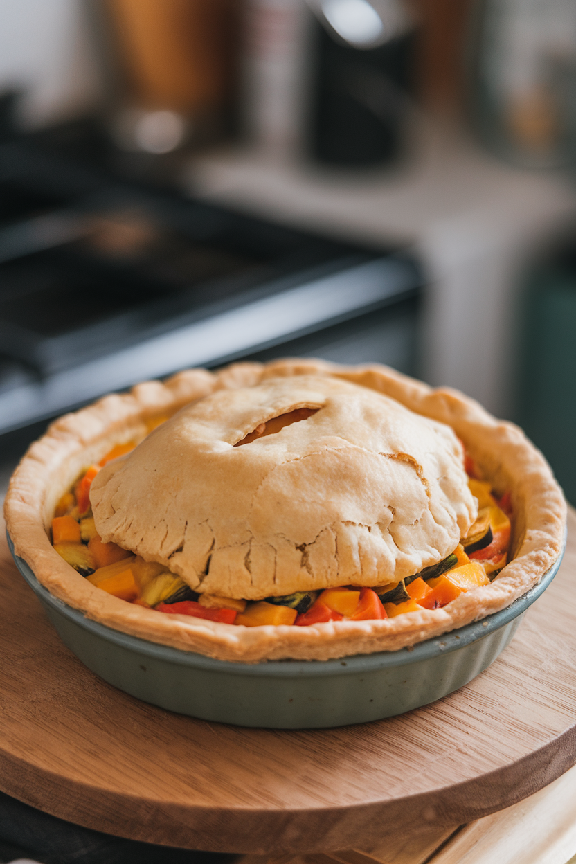 A round pie dish indoors showing flaky puff pastry lid over creamy vegetable filling, small vent cut in center. No text or logos. Photo.