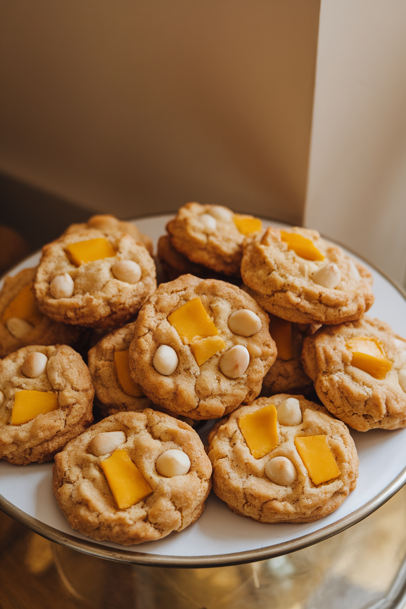 Photo prompt: Tropical-inspired cookies with visible mango pieces and macadamia nuts on a platter indoors, no branding.