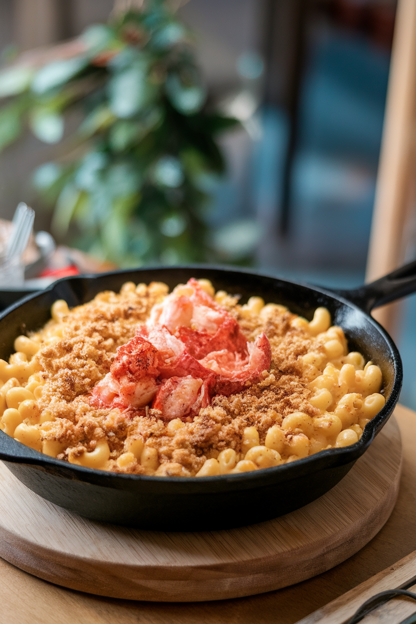 Indoor photo of a cast-iron skillet filled with bubbling mac and cheese dotted with chunks of lobster, toasted breadcrumb topping; no text or logos