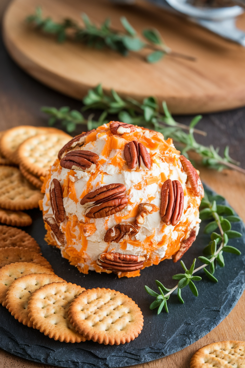 Photo indoors of a round cheese ball rolled in chopped pecans, placed on a slate board with assorted crackers. No text or logos anywhere.