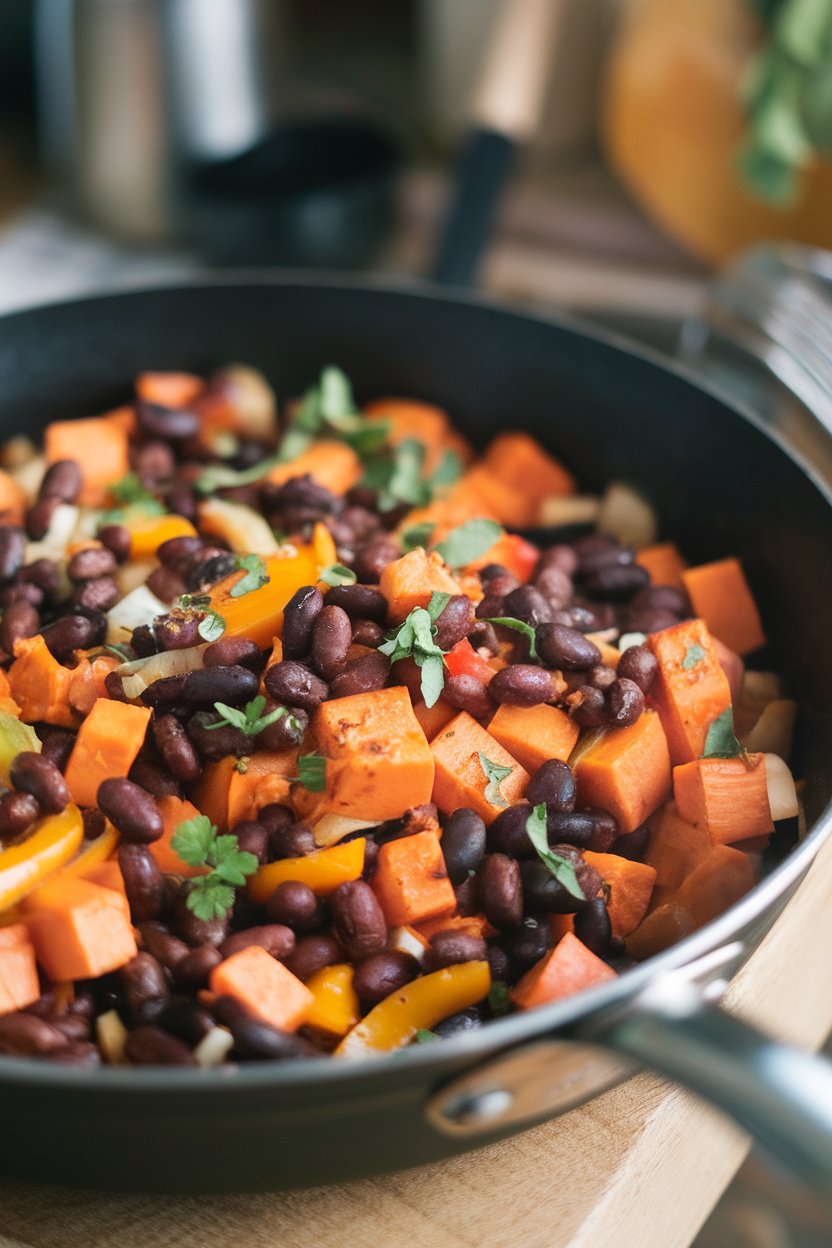 An indoor skillet packed with diced sweet potatoes, black beans, bell peppers, and onions, all sautéed together. No text or logos. Photo.