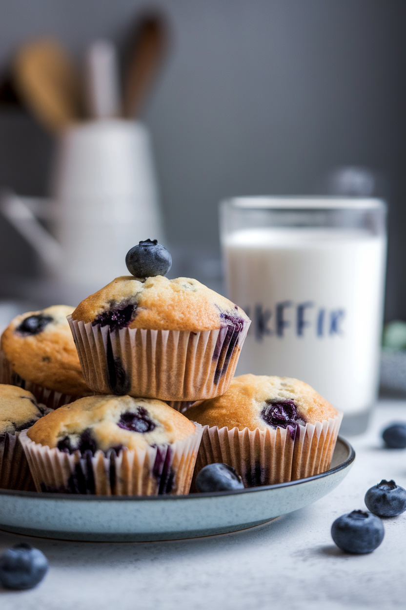 Indoor photo of blueberry muffins with a glass of kefir in the background, no text or logos