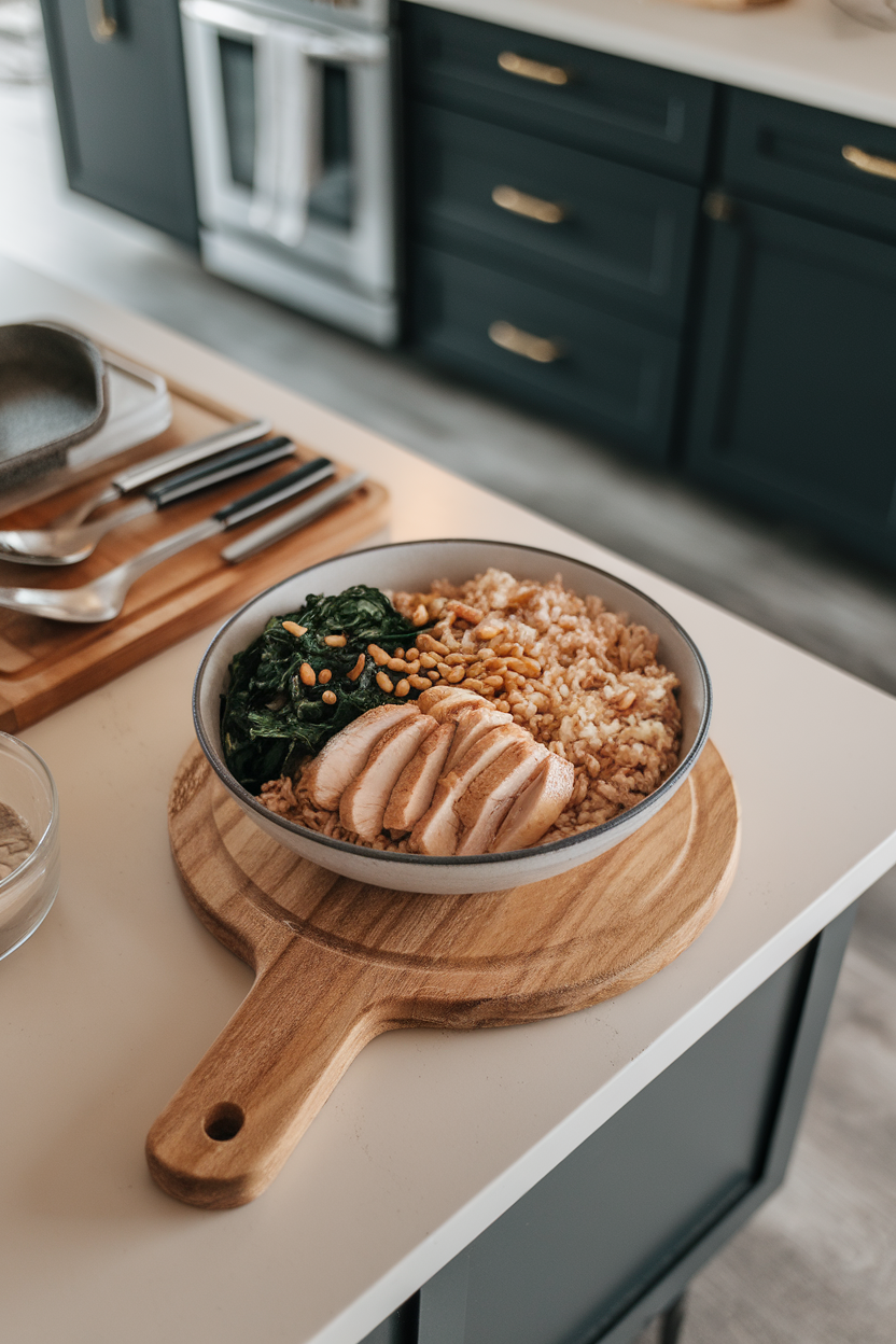 Indoor kitchen island with a bowl of warm brown rice, sliced chicken, sautéed spinach, and toasted pine nuts — no logos