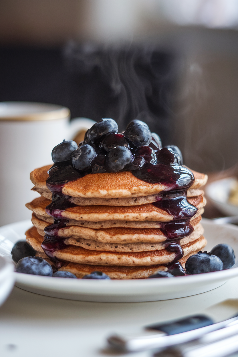 Indoor breakfast table featuring a stack of buckwheat pancakes topped with warm blueberry sauce, steam visible, shot from a three-quarter angle. No text or logos.