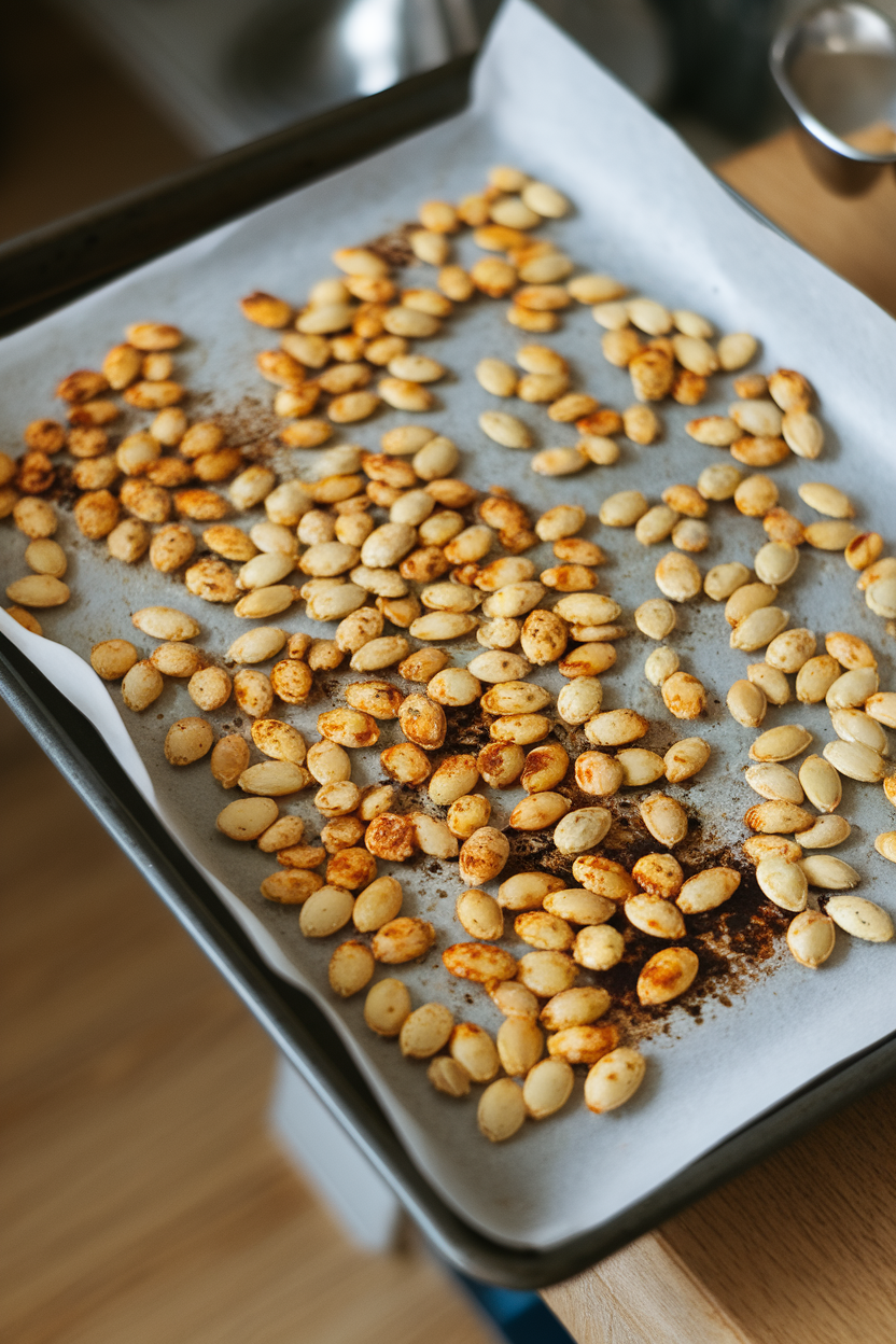 Indoor baking tray with roasted pumpkin seeds coated in chili and cinnamon, no text or logos