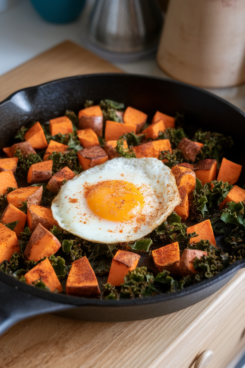 Photo of an indoor skillet containing diced roasted sweet potatoes, kale ribbons, and smoky paprika seasoning, egg optional on top. No logos or text visible.