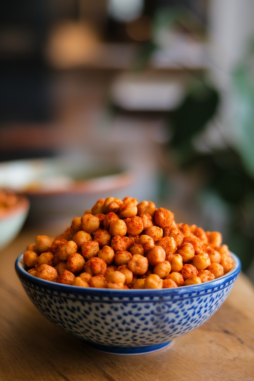 Indoor close-up of a bowl filled with roasted chickpeas coated in paprika, set on a wooden table. No text or logos in view.