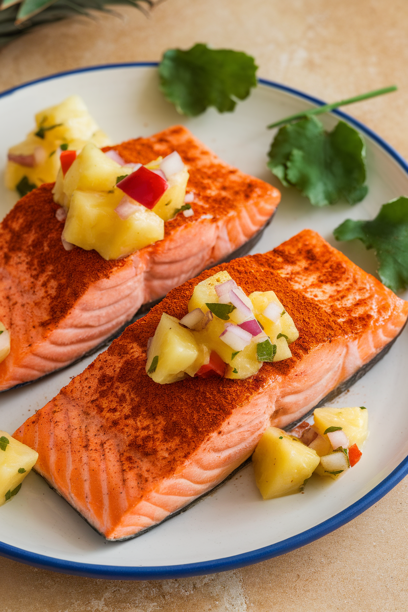 Photo of salmon fillets dusted with chili powder, topped with pineapple salsa, plated indoors. No text or logos.</Prompt