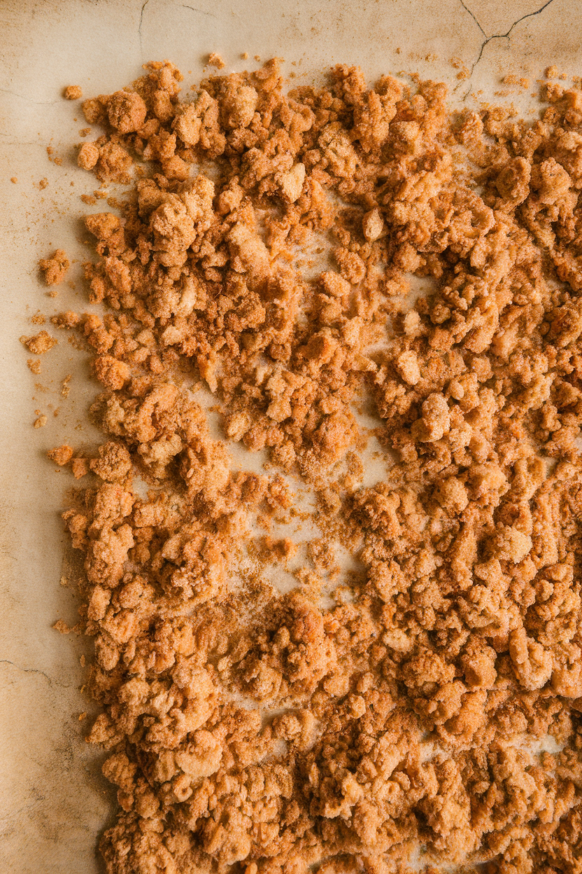Indoor photo of coarse whole-wheat bread crumbs spread on a sheet pan ready for toasting; no text or logos
