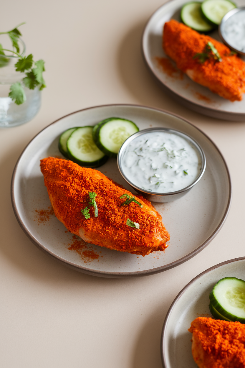 Indoor scene of air-fried chicken breast coated in bright tandoori spices, served with cucumber raita on a neutral plate. No text or logos.
