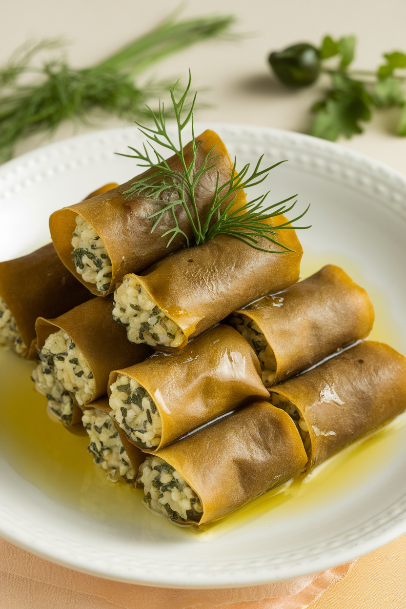 An indoor dish featuring small dolmades stuffed with herbed rice, glistening with olive oil—photo, no text or logos.