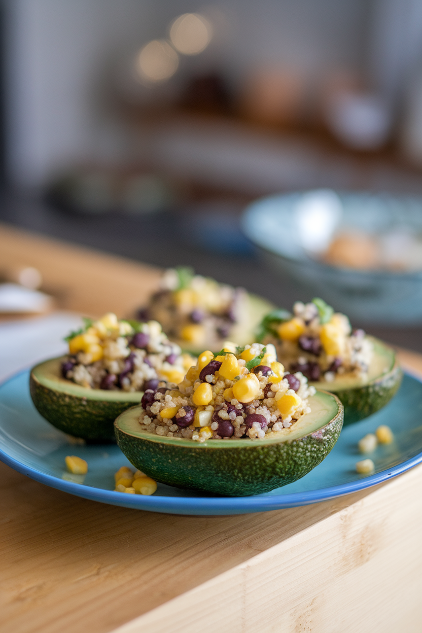 Indoor plate featuring halved avocados filled with quinoa, black beans, and corn salsa; no text or logos, photo style.