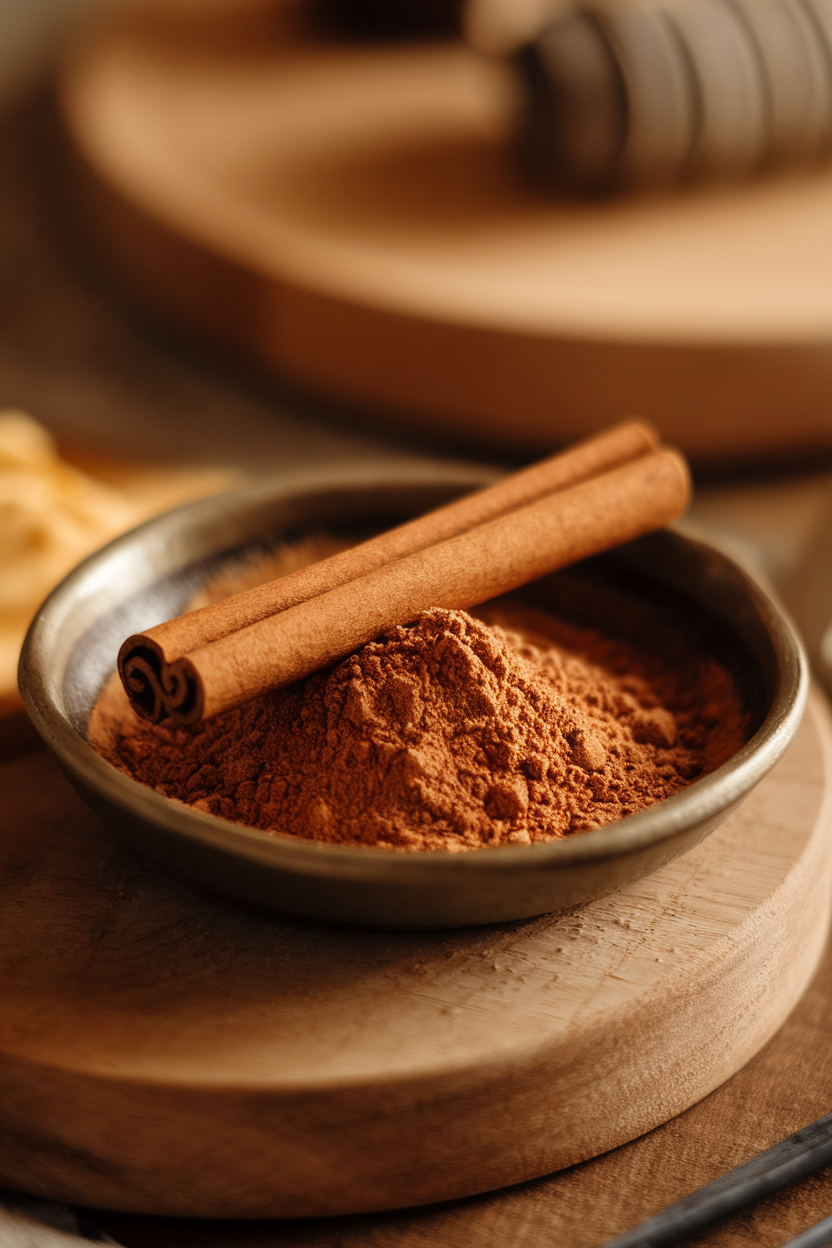 Indoor photo of ground cinnamon in a shallow dish with a cinnamon stick resting on top; no text or logos