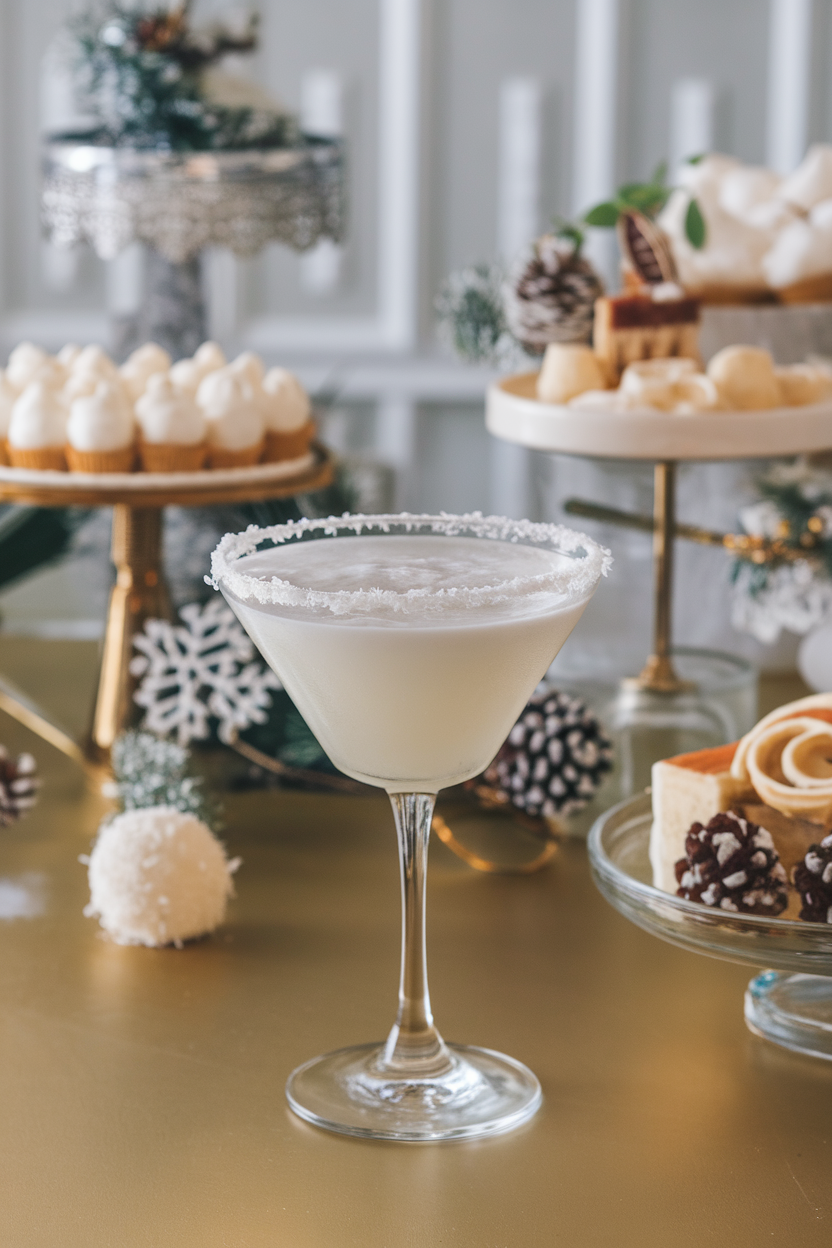 Indoor holiday dessert table showing a frosty martini glass of cloud-white cocktail rimmed with flaked coconut; no text or logos.