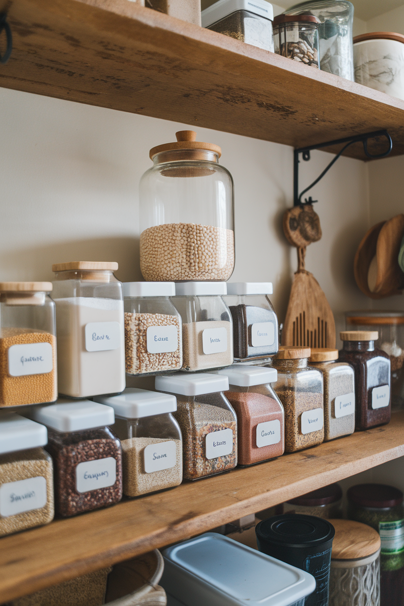 Photo of an indoor organized pantry shelf with neatly arranged jars of beans, grains, and spices. No text or logos present.