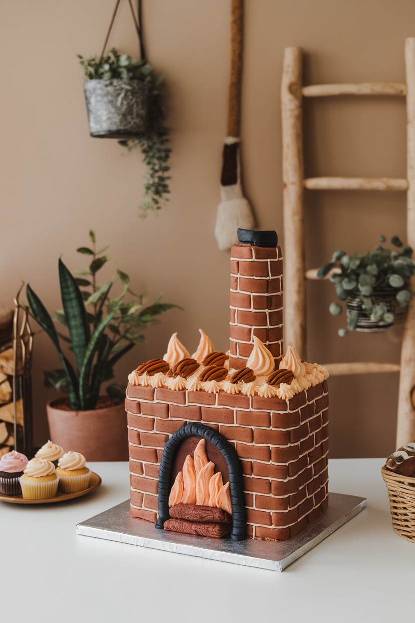 Cozy indoor scene of a rectangular cake frosted to resemble a brick fireplace, complete with piped flames and pecan “logs.” No brand elements.