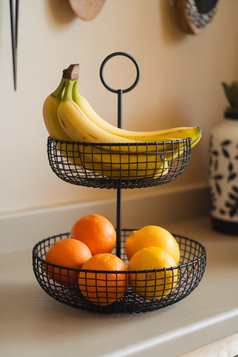 Indoor countertop with a black wire two-tier basket holding bananas on top, citrus below, no text.