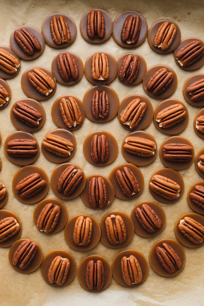 Indoors, a sheet of pecan halves set in round caramel discs on parchment, no text or logos