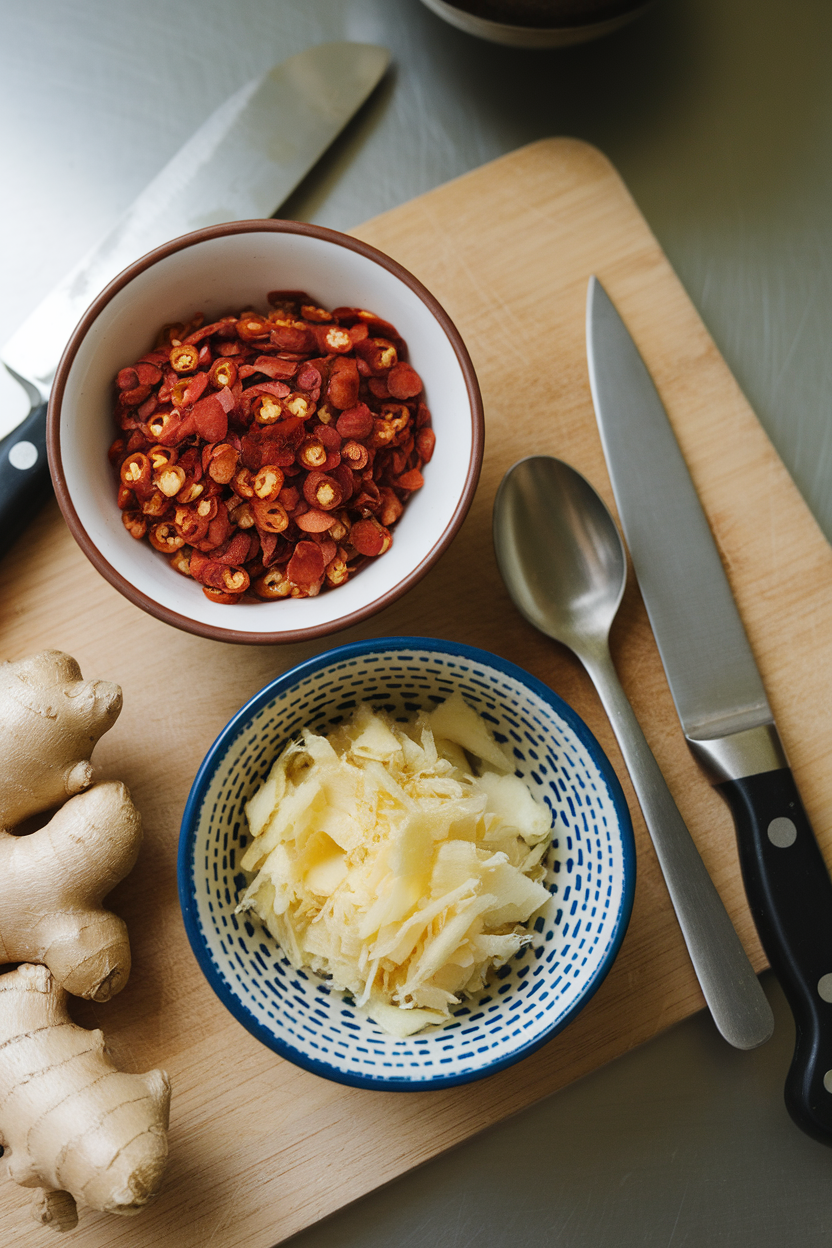Photo of red chili flakes and freshly grated ginger on a small indoor prep board. No text or logos.