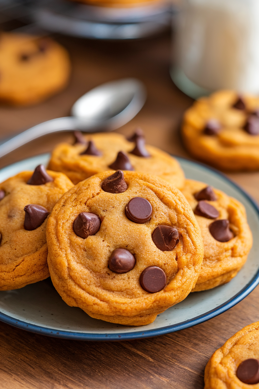 Photo prompt: Pumpkin-chip cookies with almond butter base on a plate indoors, no branding.