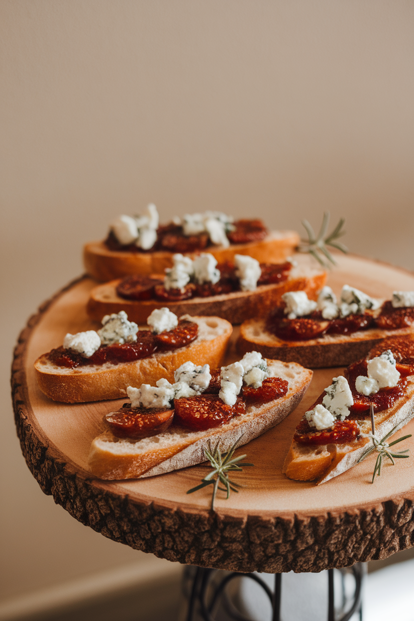 An indoor serving board with toasted baguette slices topped with fig jam and crumbled blue cheese, tiny rosemary sprigs for garnish. No text or logos, photo only.
