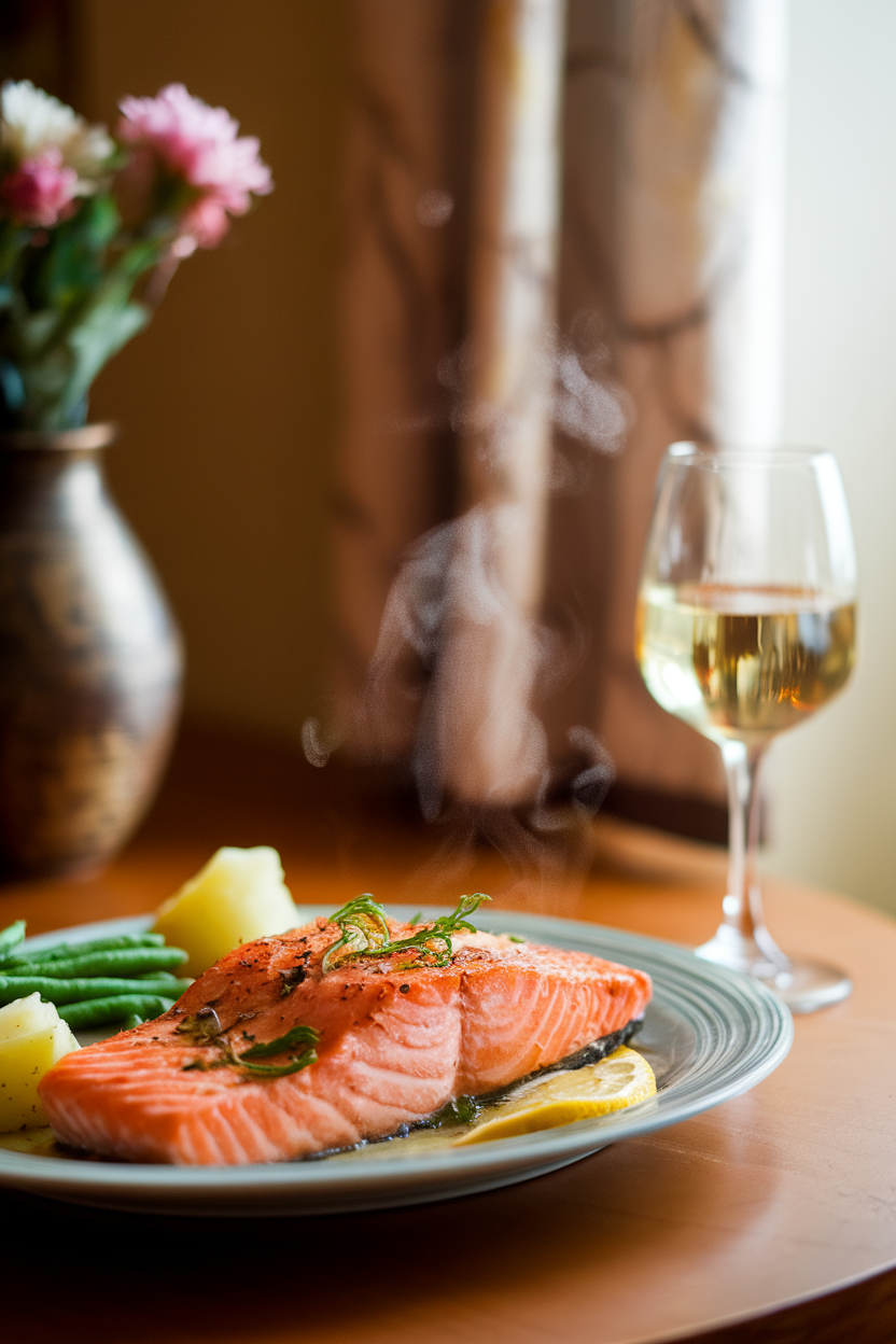A warmly lit indoor dining table showcasing a cooked salmon fillet with lemon and herbs, steam rising—photo, no raw fish or logos.