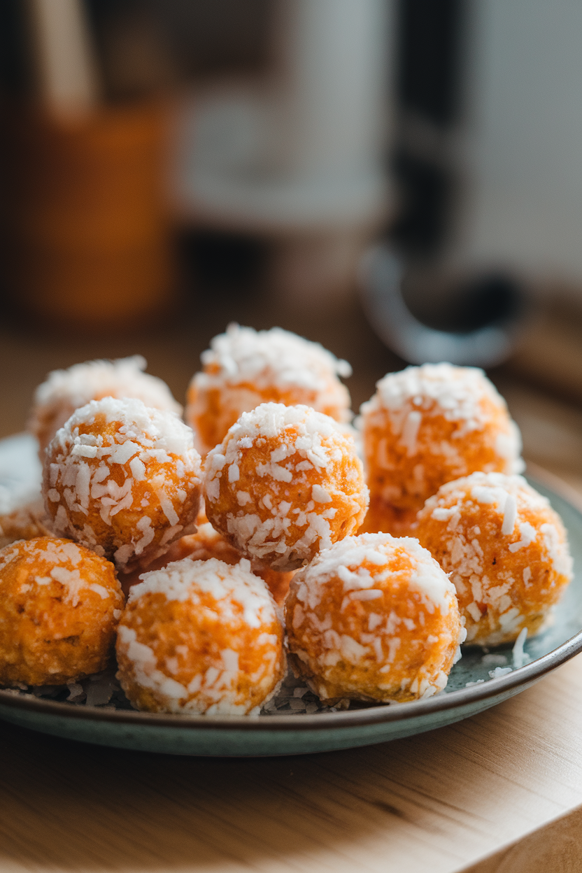 Photo of small orange-tinted energy balls rolled in shredded coconut on a plate under indoor lighting. No text or logos.