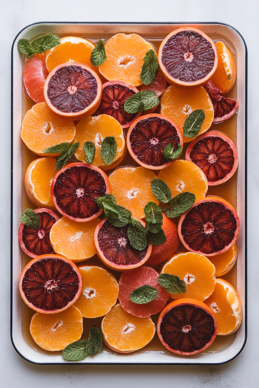 Indoor tray of segmented blood oranges, grapefruit, and tangerines drizzled lightly with clear mint syrup, mint leaves scattered on top. Even lighting; no text or logos.