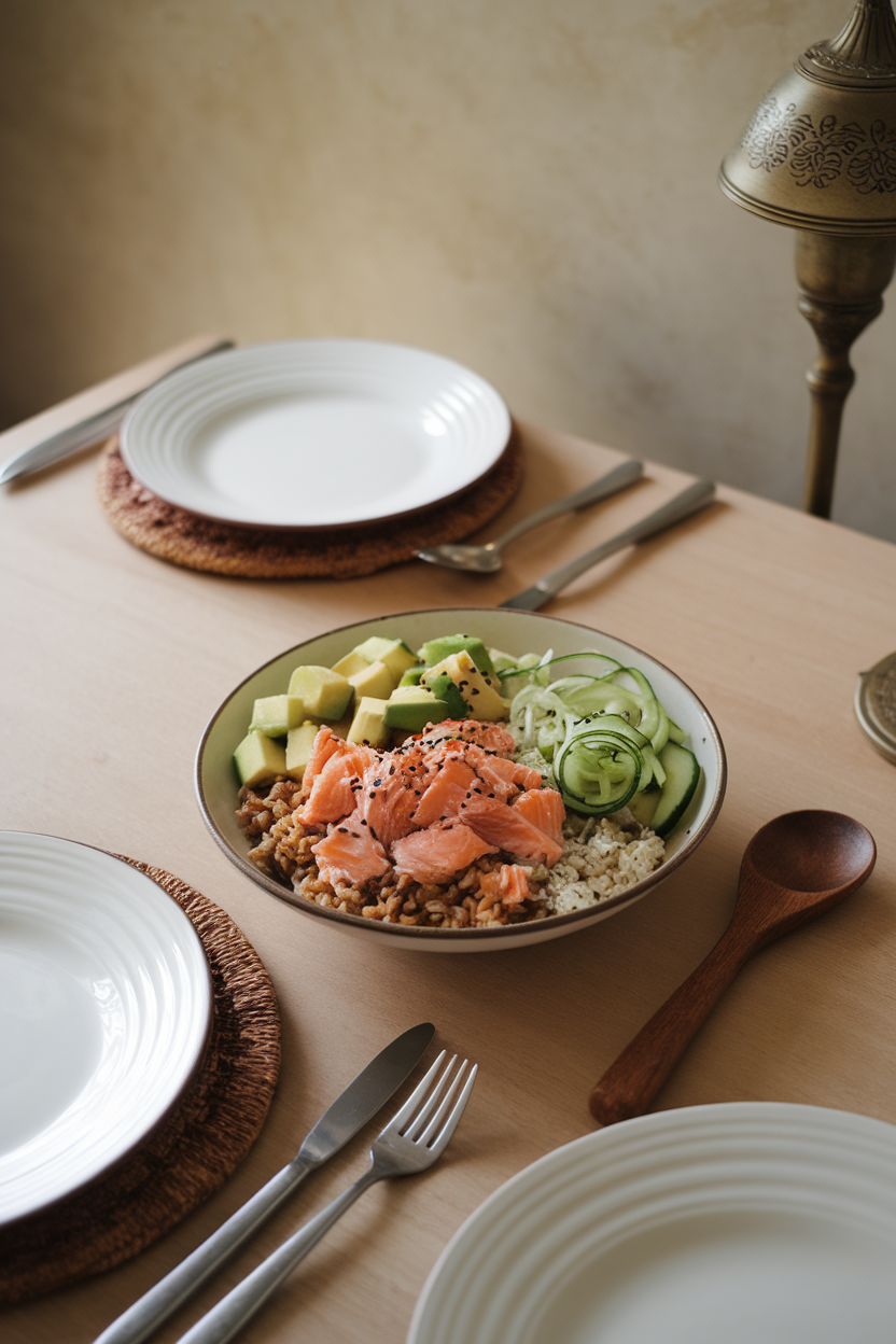 Indoor dining table with a shallow bowl of cooked flaked salmon, brown rice, avocado cubes, cucumber ribbons, and sesame seeds. No text or logos; photo, not illustration.